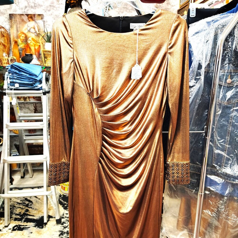 SOLD!!Calvin Klein Copper Metallic Draped Dress With Black Jeweled Crusted Cuffs
